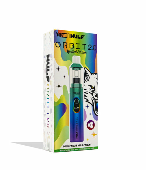 Wulf Mods Orbit 2.0 Concentrate Vaporizer showcasing its glass dome, ceramic mouthpiece, and vibrant color options, designed for optimal vaporization.