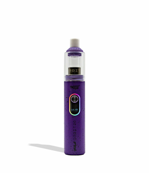 Wulf Mods Orbit 2.0 Concentrate Vaporizer showcasing its glass dome, ceramic mouthpiece, and vibrant color options, designed for optimal vaporization. - Purple-Black Spatter