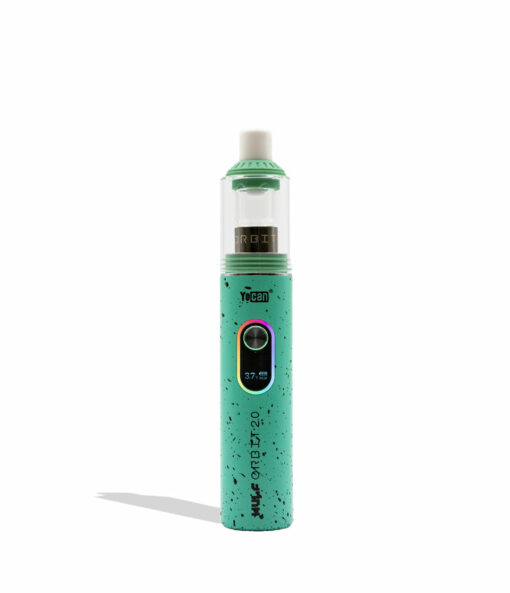 Wulf Mods Orbit 2.0 Concentrate Vaporizer showcasing its glass dome, ceramic mouthpiece, and vibrant color options, designed for optimal vaporization. - Teal-Black Spatter