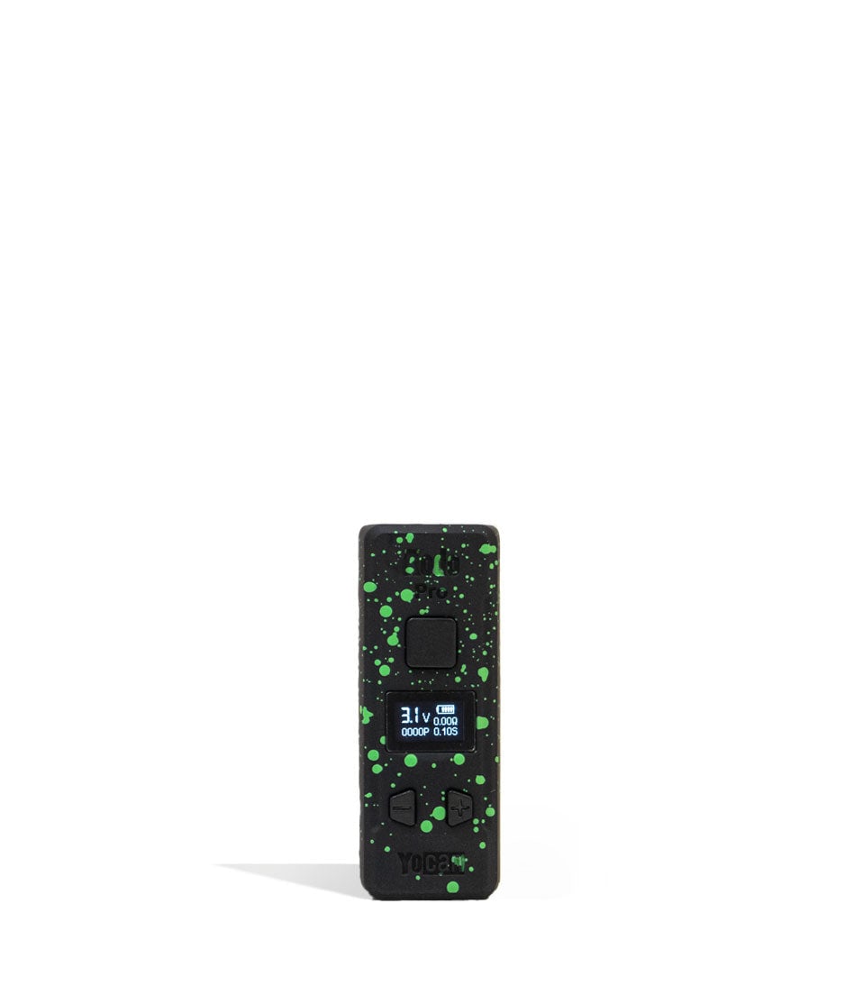 Wulf Mods KODO Pro 510 Thread Battery showcasing its sleek design, vivid OLED display, and adjustable voltage buttons, perfect for enhancing your vaping sessions. - Black-Green Spatter