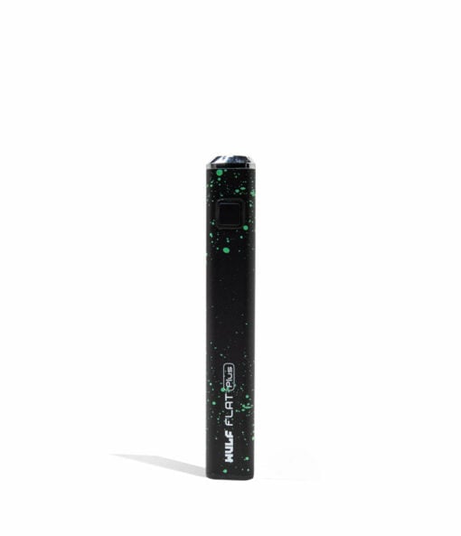 Wulf Mods Flat Plus 510 Thread Battery in vibrant colors showcasing its sleek design and USB-C charging port, ideal for everyday smokers. - Black-Green Spatter