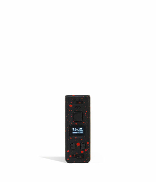 Wulf Mods KODO Pro 510 Thread Battery showcasing its sleek design, vivid OLED display, and adjustable voltage buttons, perfect for enhancing your vaping sessions. - Black-Red Spatter