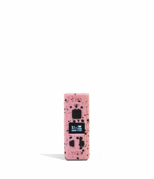 Wulf Mods KODO Pro 510 Thread Battery showcasing its sleek design, vivid OLED display, and adjustable voltage buttons, perfect for enhancing your vaping sessions. - Pink-Black Spatter