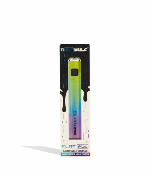 Wulf Mods Flat Plus 510 Thread Battery in vibrant colors showcasing its sleek design and USB-C charging port, ideal for everyday smokers.