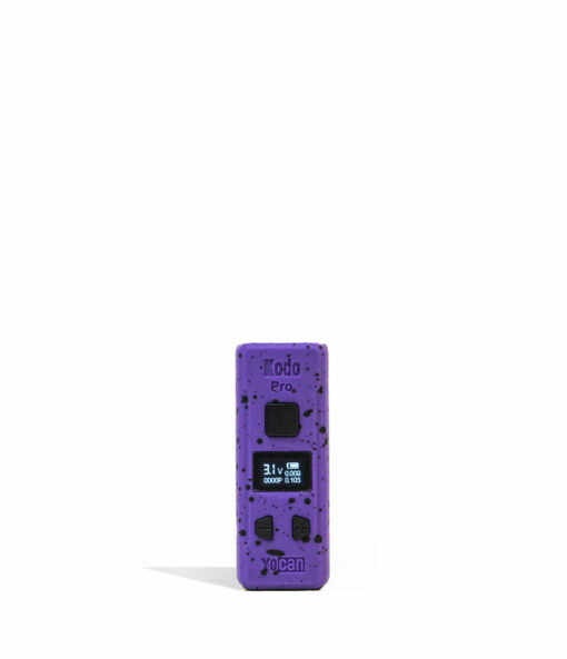Wulf Mods KODO Pro 510 Thread Battery showcasing its sleek design, vivid OLED display, and adjustable voltage buttons, perfect for enhancing your vaping sessions. - Purple-Black Spatter