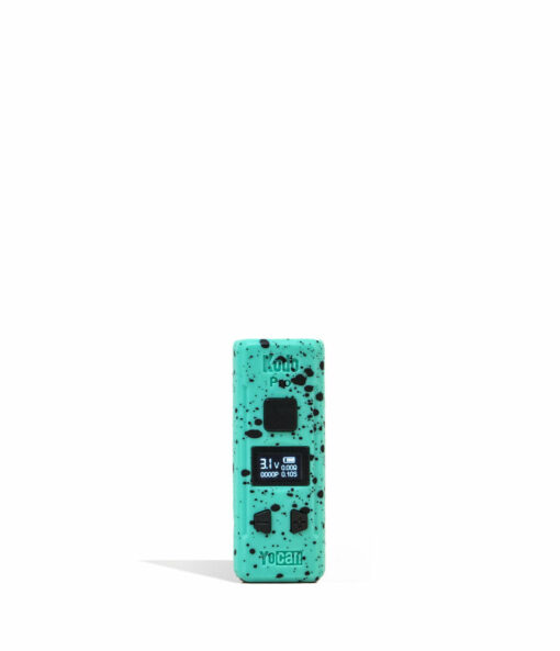 Wulf Mods KODO Pro 510 Thread Battery showcasing its sleek design, vivid OLED display, and adjustable voltage buttons, perfect for enhancing your vaping sessions. - Teal-Black Spatter