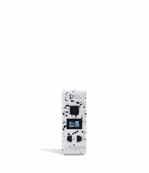 Wulf Mods KODO Pro 510 Thread Battery showcasing its sleek design, vivid OLED display, and adjustable voltage buttons, perfect for enhancing your vaping sessions. - White-Black Spatter