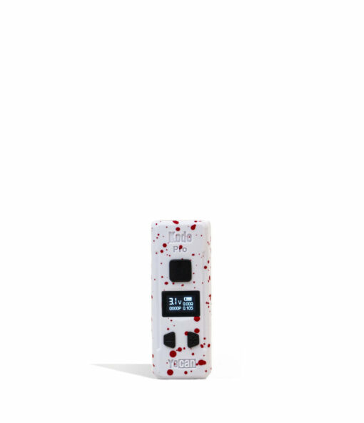 Wulf Mods KODO Pro 510 Thread Battery showcasing its sleek design, vivid OLED display, and adjustable voltage buttons, perfect for enhancing your vaping sessions. - White-Red Spatter