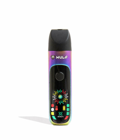 Wulf Mods Budr Portable Concentrate Vaporizer in sleek design with a vibrant LED screen, showcasing its compact size and ergonomic grip for comfortable use. - Full Color Spatter