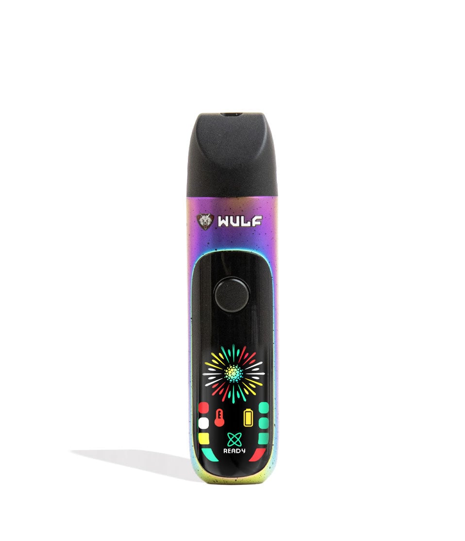 Wulf Mods Budr Portable Concentrate Vaporizer in sleek design with a vibrant LED screen, showcasing its compact size and ergonomic grip for comfortable use. - Full Color Spatter