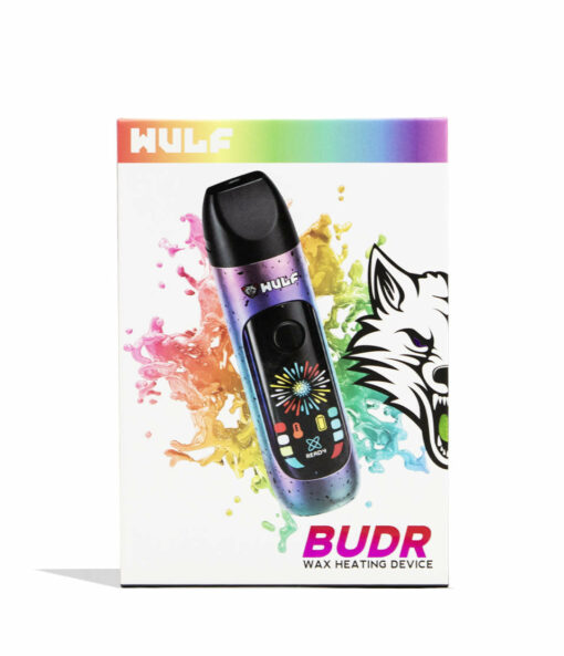 Wulf Mods Budr Portable Concentrate Vaporizer in sleek design with a vibrant LED screen, showcasing its compact size and ergonomic grip for comfortable use.