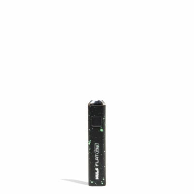 Wulf Mods Flat Mini 510 Thread Battery showcasing its sleek design, USB-C charging port, and vibrant LED indicators for temperature settings.