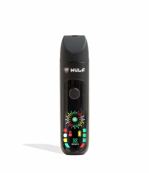 Wulf Mods Budr Portable Concentrate Vaporizer in sleek design with a vibrant LED screen, showcasing its compact size and ergonomic grip for comfortable use. - Black-Red Spatter