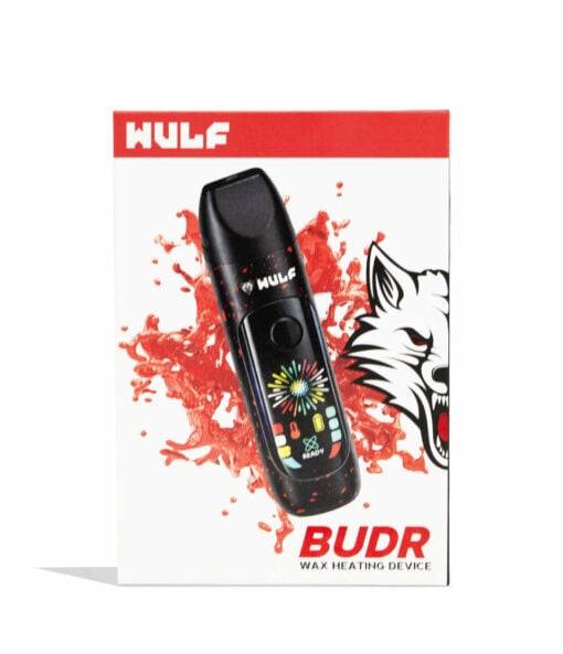 Wulf Mods Budr Portable Concentrate Vaporizer in sleek design with a vibrant LED screen, showcasing its compact size and ergonomic grip for comfortable use.