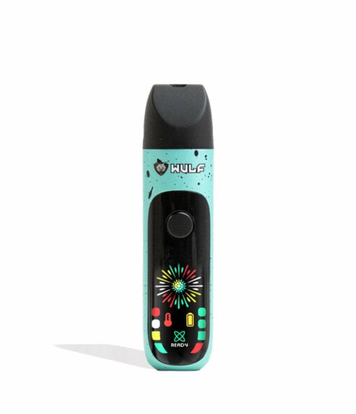 Wulf Mods Budr Portable Concentrate Vaporizer in sleek design with a vibrant LED screen, showcasing its compact size and ergonomic grip for comfortable use. - Teal-Black Spatter