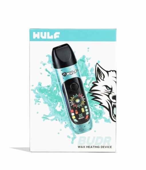 Wulf Mods Budr Portable Concentrate Vaporizer in sleek design with a vibrant LED screen, showcasing its compact size and ergonomic grip for comfortable use.