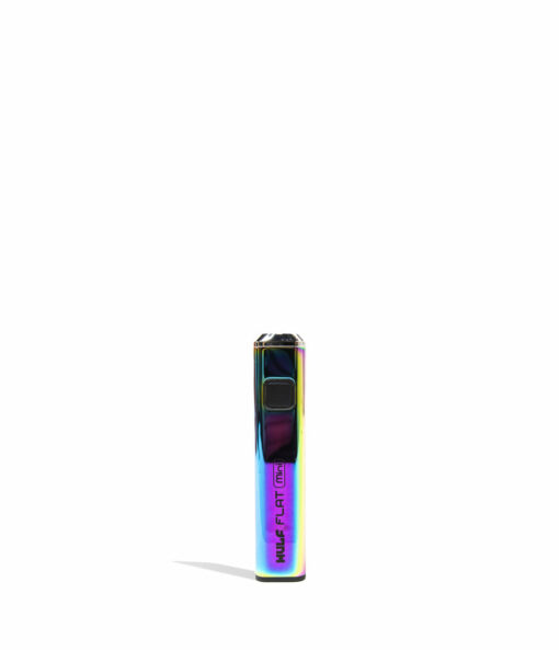 Wulf Mods Flat Mini 510 Thread Battery showcasing its sleek design, USB-C charging port, and vibrant LED indicators for temperature settings.