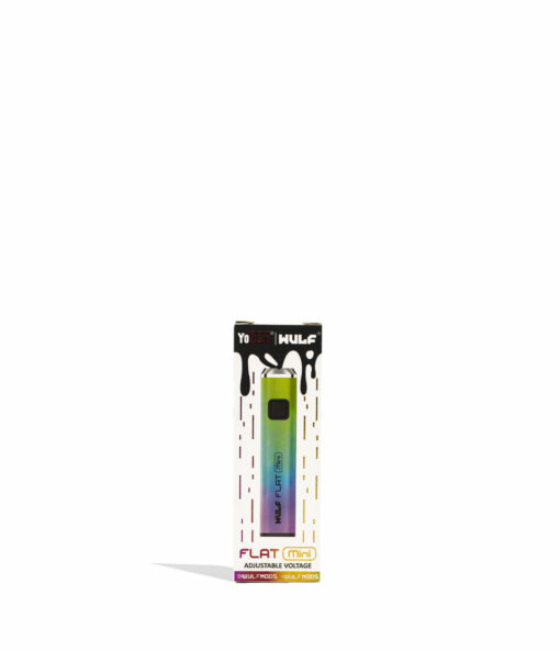 Wulf Mods Flat Mini 510 Thread Battery showcasing its sleek design, USB-C charging port, and vibrant LED indicators for temperature settings.