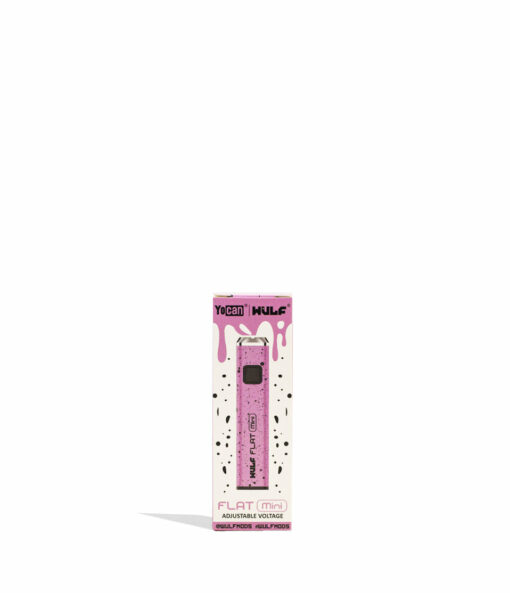 Wulf Mods Flat Mini 510 Thread Battery showcasing its sleek design, USB-C charging port, and vibrant LED indicators for temperature settings.