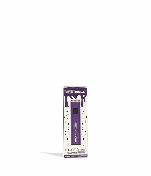 Wulf Mods Flat Mini 510 Thread Battery showcasing its sleek design, USB-C charging port, and vibrant LED indicators for temperature settings.