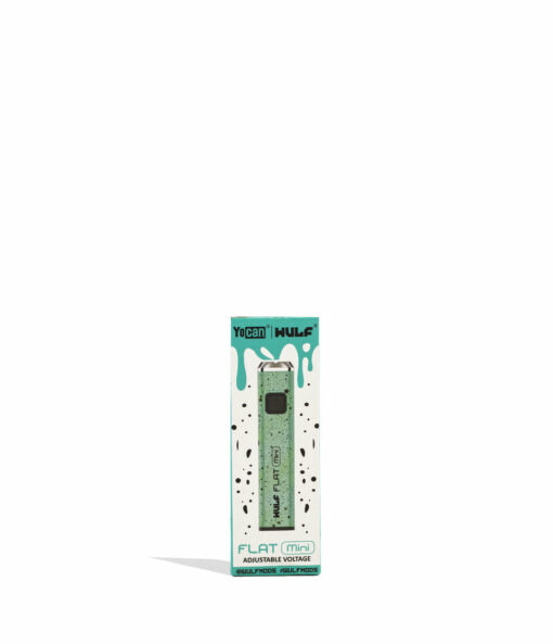 Wulf Mods Flat Mini 510 Thread Battery showcasing its sleek design, USB-C charging port, and vibrant LED indicators for temperature settings.