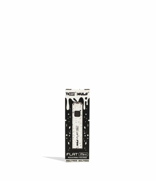 Wulf Mods Flat Mini 510 Thread Battery showcasing its sleek design, USB-C charging port, and vibrant LED indicators for temperature settings.