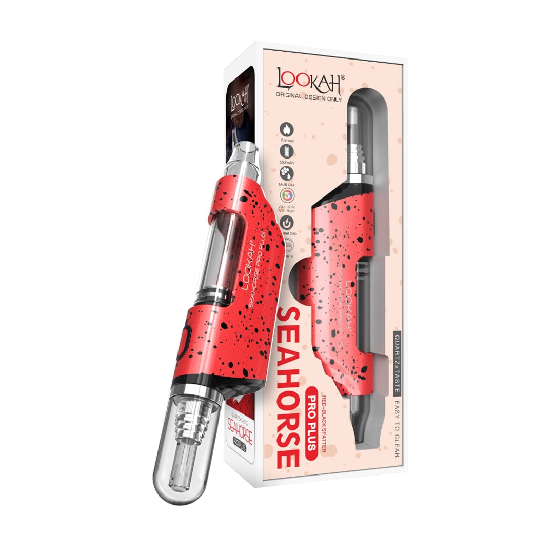 Lookah Seahorse Pro Plus vaporizer with variable voltage settings, sleek design, and magnetic cap, perfect for everyday smokers. - Spatter - Red Black