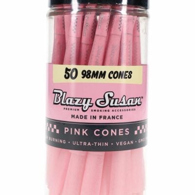 Blazy Susan 98 mm pre-rolled cones in a stylish pink jar, showcasing their ultra-thin design and slow-burning quality. - Pink