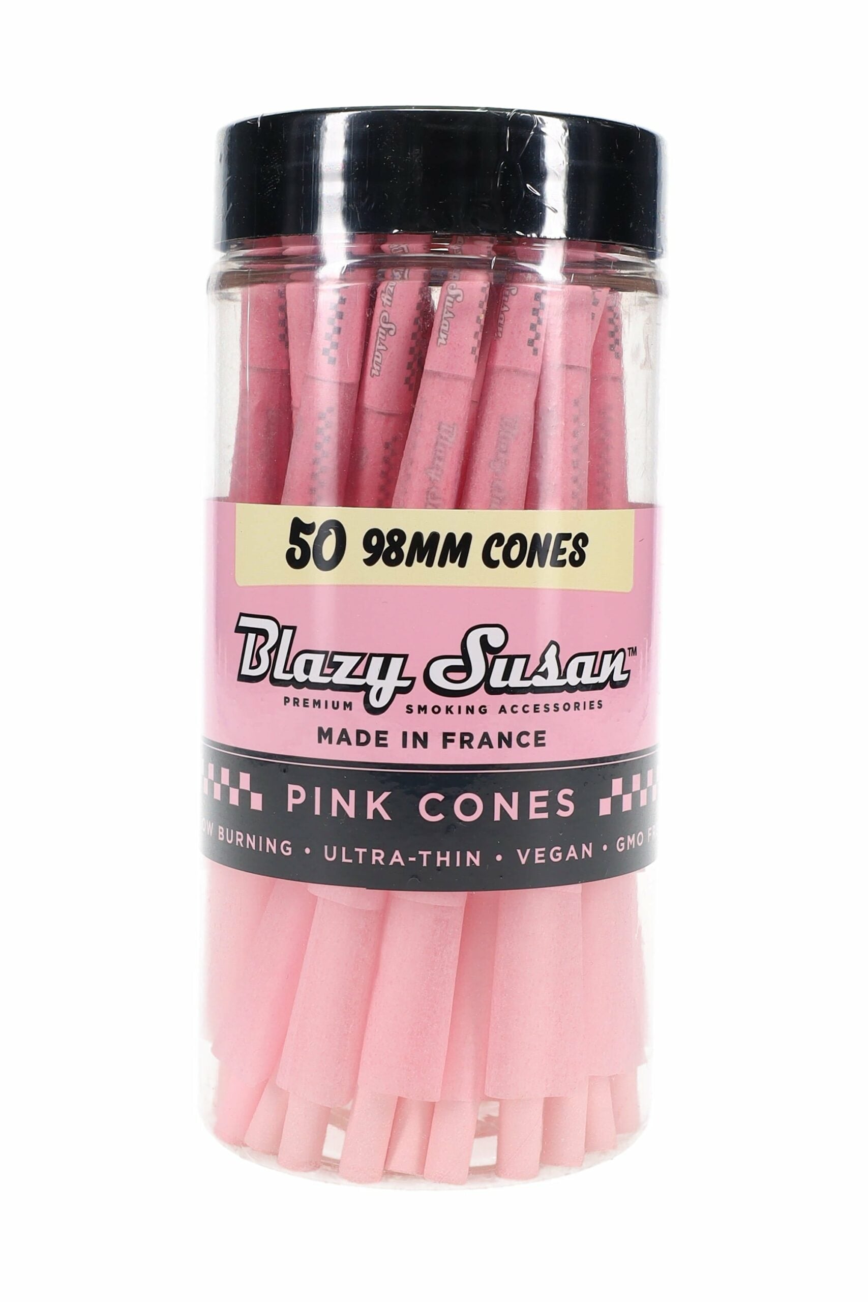 Blazy Susan 98 mm pre-rolled cones in a stylish pink jar, showcasing their ultra-thin design and slow-burning quality. - Pink