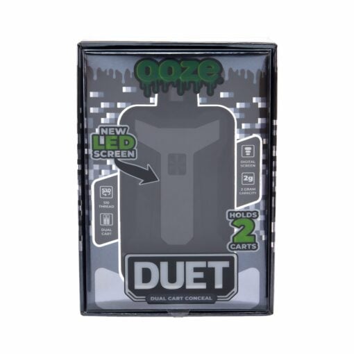 Ooze Duet 650 mAh dual cart battery with digital screen, showcasing its sleek design and vibrant colors including Panther Black, Ruby Red, Sapphire Blue, and Twilight.