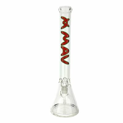 18-inch MAV Strawberry Logo Beaker Bong showcasing vibrant strawberry logo, 50mm diameter, and ice pinch feature for enhanced smoking experience. - Default Title