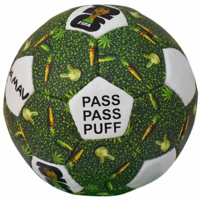 Limited Edition Stoner Ball mini soccer ball featuring a vibrant green mosaic design with cannabis leaf motifs and bold typography, ideal for display. - Default Title
