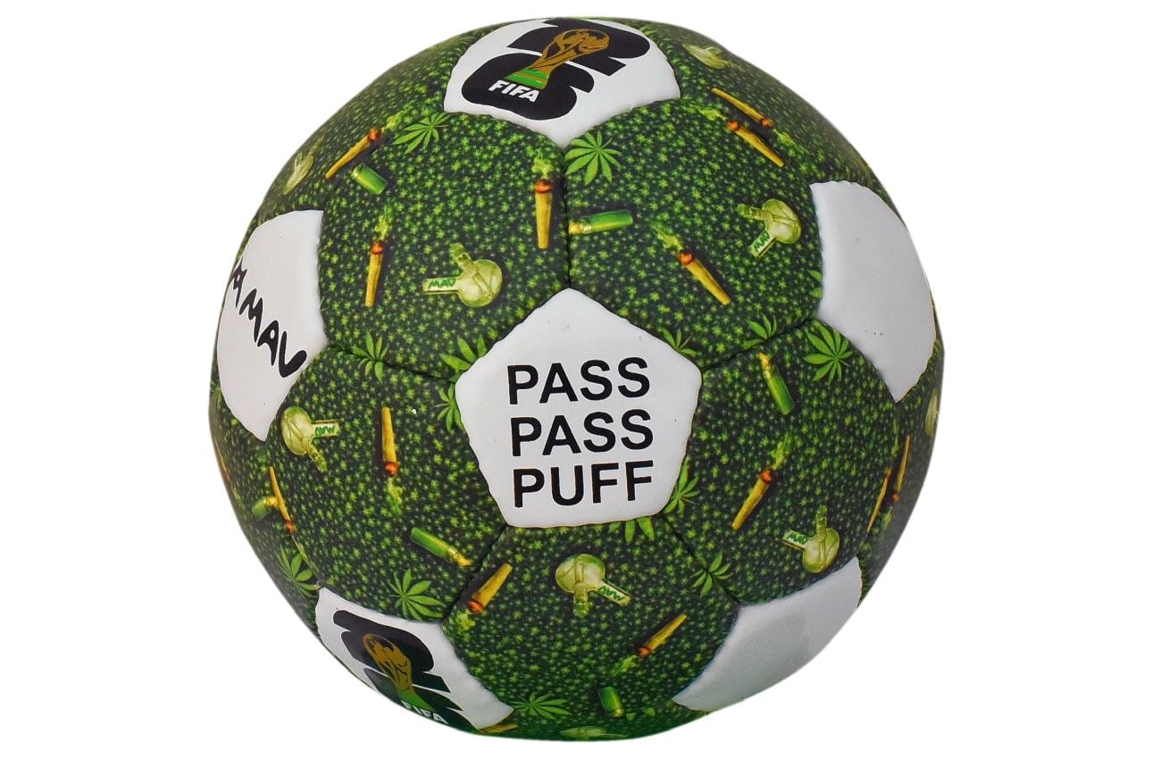 Limited Edition Stoner Ball mini soccer ball featuring a vibrant green mosaic design with cannabis leaf motifs and bold typography, ideal for display. - Default Title