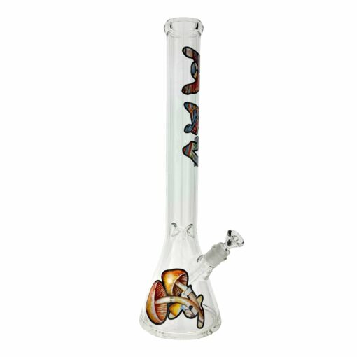 18 inch MAV Shroom Trip Logo Beaker Bong showcasing vibrant mushroom graphics and a sturdy design, perfect for smooth hits.