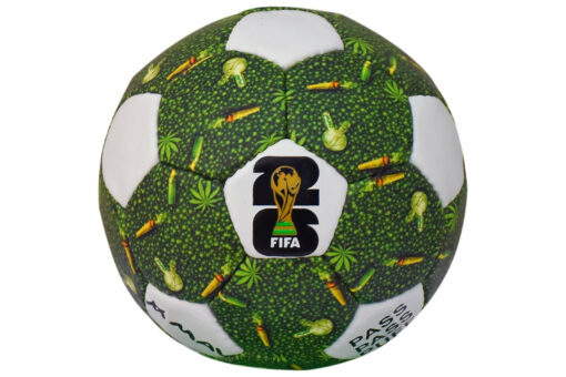Limited Edition Stoner Ball mini soccer ball featuring a vibrant green mosaic design with cannabis leaf motifs and bold typography, ideal for display.