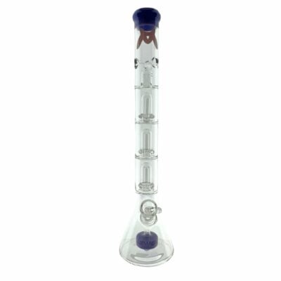 A striking 21-inch tall Inverted Slitted Puck to Triple Slitted UFO Beaker Bong by MAV Glass, showcasing its unique design with slitted puck and triple slits for enhanced airflow, perfect for everyday smokers seeking a smooth and refined smoking experience. The bong features a sleek, modern aesthetic with vibrant colors and intricate glasswork, making it both a functional piece and a stunning display item for any collection, available at Cannabox.
