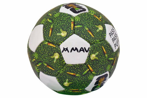 Limited Edition Stoner Ball mini soccer ball featuring a vibrant green mosaic design with cannabis leaf motifs and bold typography, ideal for display.