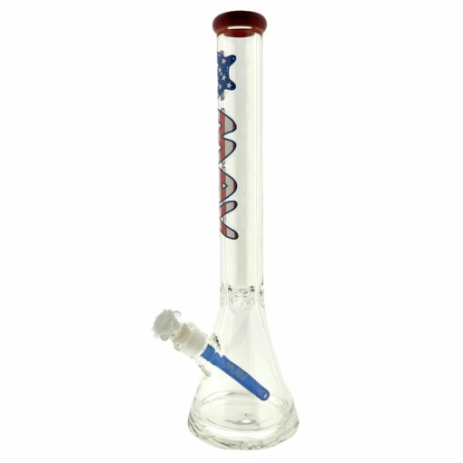 America! 18" 9mm thick beaker bong with red lip and USA logo, showcasing premium borosilicate glass and ice pinch for smooth hits.
