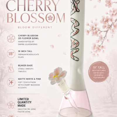 THE CHERRY 18-inch beaker bong featuring a cherry blossom logo, 50mm diameter tube, and matching orchid flower bowl, designed for smooth hits. - Default Title