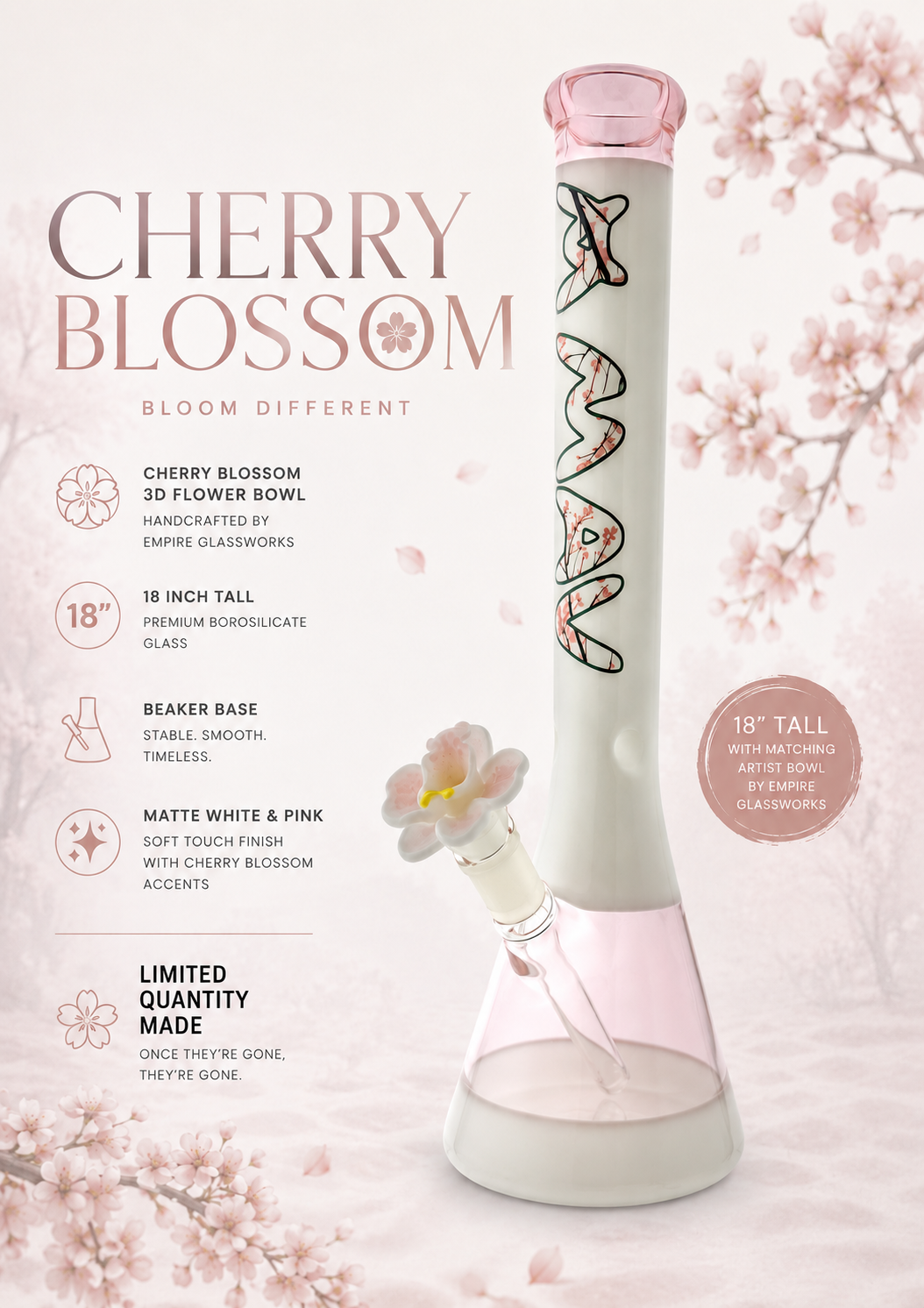 THE CHERRY 18-inch beaker bong featuring a cherry blossom logo, 50mm diameter tube, and matching orchid flower bowl, designed for smooth hits. - Default Title