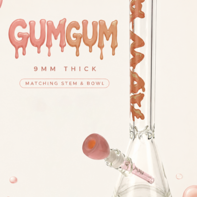 THE GUMGUM 9mm 18-inch thick pink top beaker bong with matching stem and oversized bowl, showcasing premium glass quality and vibrant aesthetics. - Default Title