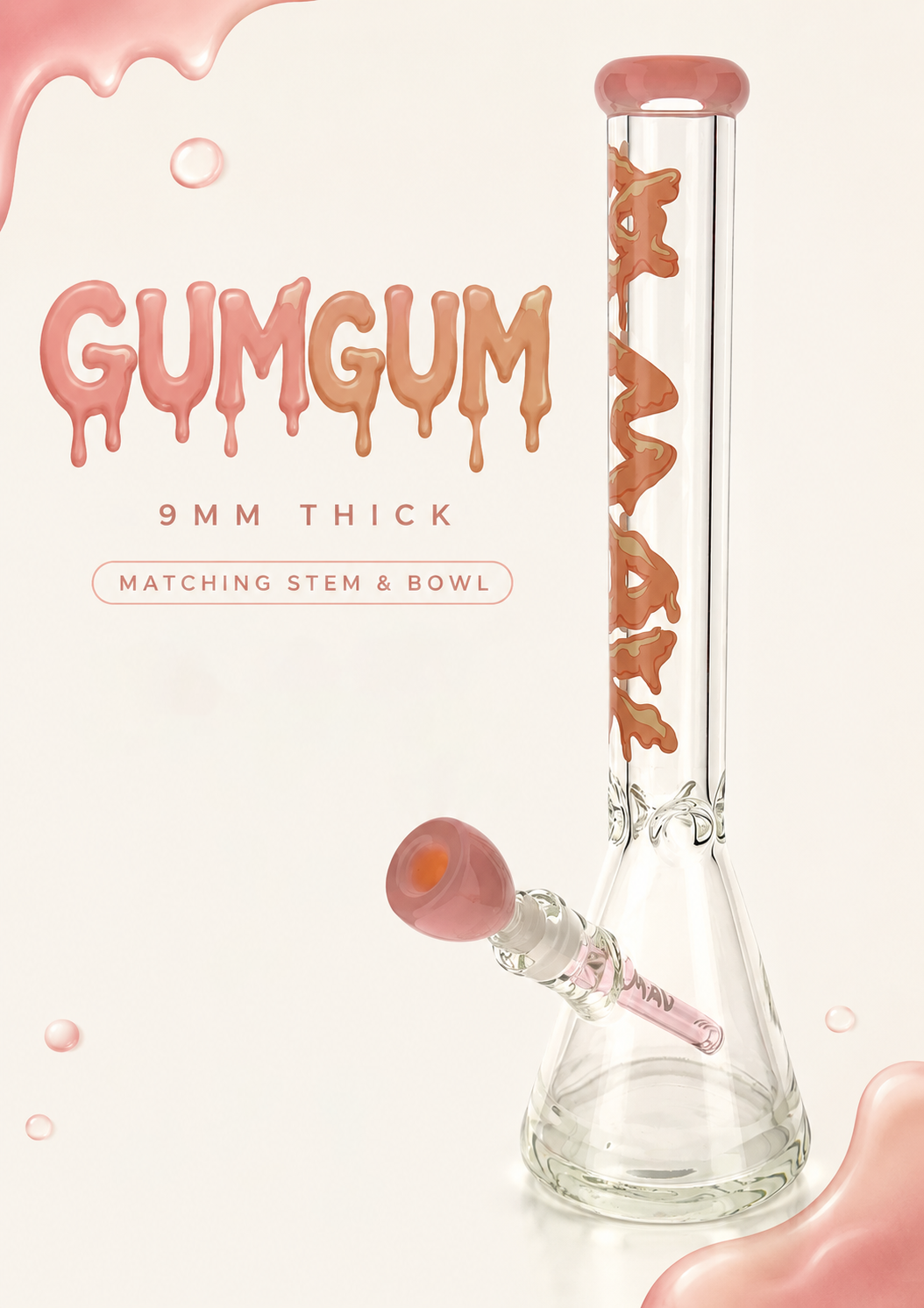 THE GUMGUM 9mm 18-inch thick pink top beaker bong with matching stem and oversized bowl, showcasing premium glass quality and vibrant aesthetics. - Default Title