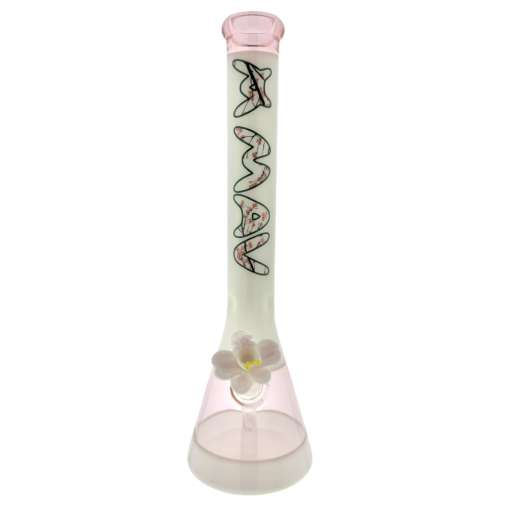 THE CHERRY 18-inch beaker bong featuring a cherry blossom logo, 50mm diameter tube, and matching orchid flower bowl, designed for smooth hits.