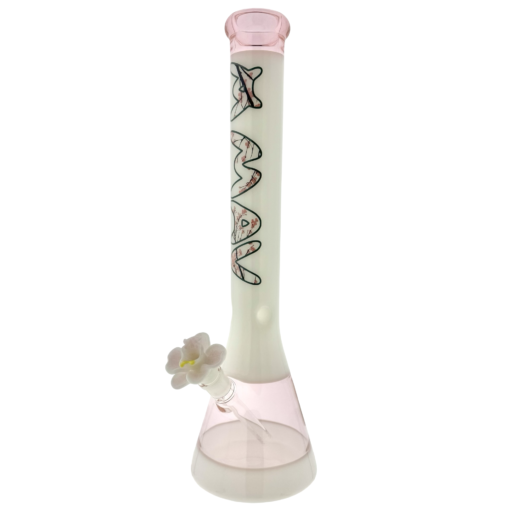 THE CHERRY 18-inch beaker bong featuring a cherry blossom logo, 50mm diameter tube, and matching orchid flower bowl, designed for smooth hits.