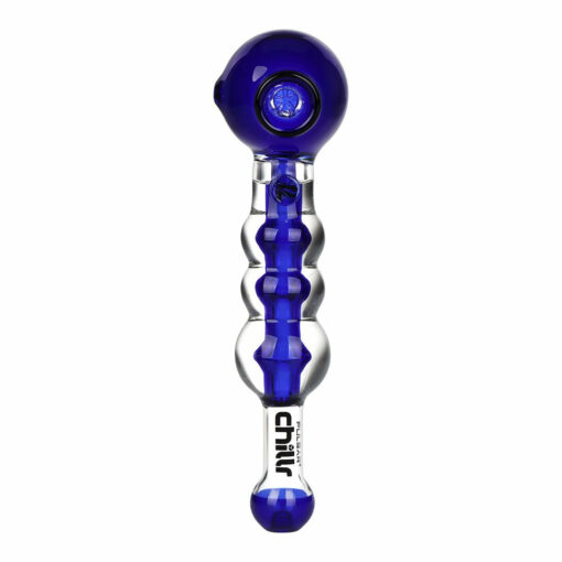 Pulsar Chillr Glycerin Glass Hand Pipe in blue, showcasing its spoon style and borosilicate glass design, filled with freezable glycerin for enhanced cooling.