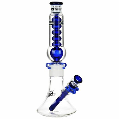 Pulsar Chillr Glycerin Beaker Glass Water Pipe in blue, showcasing its 13-inch height, borosilicate glass, and 3 pinch ice catcher for enhanced cooling. - Default Title