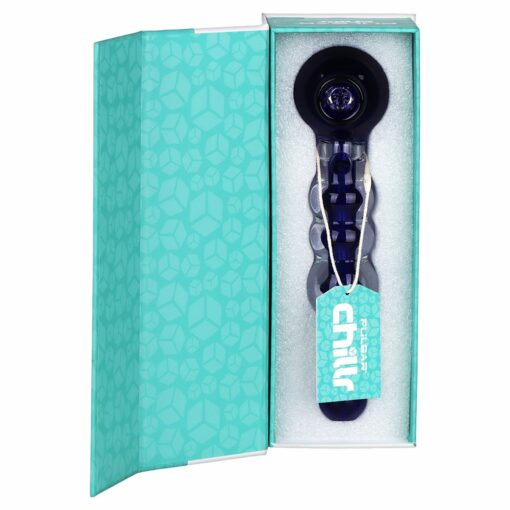Pulsar Chillr Glycerin Glass Hand Pipe in blue, showcasing its spoon style and borosilicate glass design, filled with freezable glycerin for enhanced cooling.