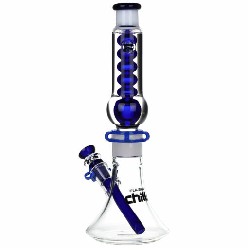 Pulsar Chillr Glycerin Beaker Glass Water Pipe in blue, showcasing its 13-inch height, borosilicate glass, and 3 pinch ice catcher for enhanced cooling.