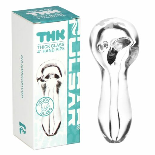 Pulsar THK 9mm Glass Spoon Pipe, 4 inches long, made of durable borosilicate glass with a sleek design and vibrant logo.