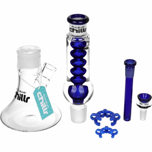 Pulsar Chillr Glycerin Beaker Glass Water Pipe in blue, showcasing its 13-inch height, borosilicate glass, and 3 pinch ice catcher for enhanced cooling.
